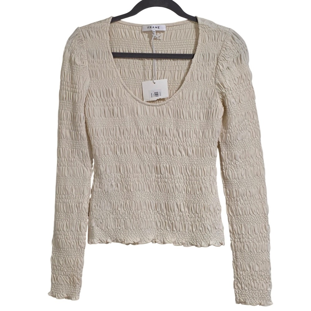 FRAME Smocked Long Sleeve Top Women's Small Bone Cream Viscose Shirt